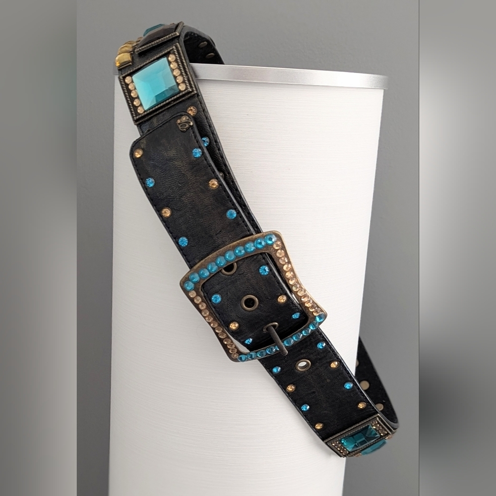 Black Leather Belt w/Colorful Glam Embellishments & Accents Blue/Green & Gold